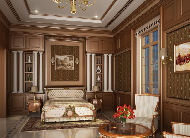 Обои картинки фото 3д графика, realism , реализм, стулья, цветы, картина, светильник, стол, кровать