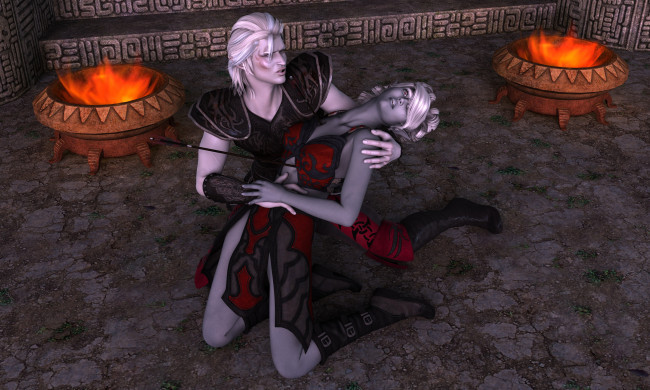 Обои картинки фото 3д графика, fantasy , фантазия, девушка, мужчина, стрела, огонь