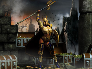 Картинка 3д+графика амазонки+ amazon оружие доспехи щит сундуки золото город ночь фон взгляд девушка