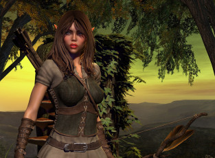 Картинка 3д+графика эльфы+ elves горы небо дерево лук фон взгляд эльфика