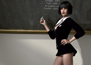 Картинка 3д+графика люди+ people девушка взгляд фон доска мел учительница