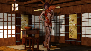 Картинка 3д+графика люди+ people взгляд девушка стул стол комната фон