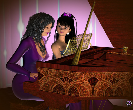 Обои картинки фото 3д графика, люди , people, мать, пианино, дочь