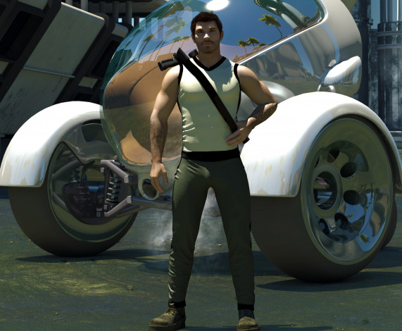 Обои картинки фото 3д графика, фантазия , fantasy, улица, парень, транспорт