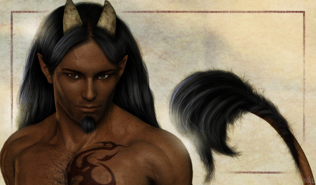Обои картинки фото 3д графика, фантазия , fantasy, парень, взгляд, существо, хвост