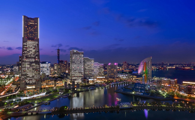 Обои картинки фото иокогама Япония, города, - огни ночного города, иокогама, дома, небоскребы, ночь, огни, река
