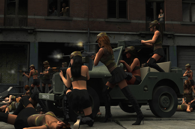 Обои картинки фото 3д графика, фантазия , fantasy, автомобиль, атака, бой, оружие, фон, взгляд, девушки