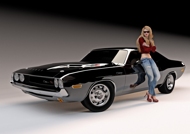 Обои картинки фото автомобили, 3d car&girl, девушка, взгляд, фон, блондинка, очки, джинсы, туфли, автомобиль