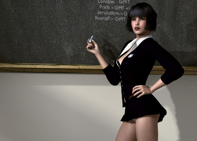 Обои картинки фото 3д графика, люди , people, девушка, взгляд, фон, доска, мел, учительница