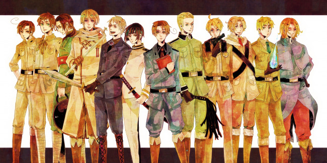 Обои картинки фото аниме, hetalia,  axis powers, арт, форма, группа, ряд, парни