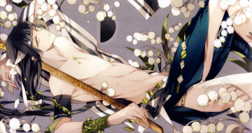 Картинка аниме hakuouki ландыши suou катана повязка shinsengumi kitan демоны бледной сакуры art парень kondou isami лежит