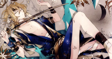 Картинка аниме hakuouki ликорис suou катана shinsengumi kitan okita souji демоны бледной сакуры art кимоно парень лежит