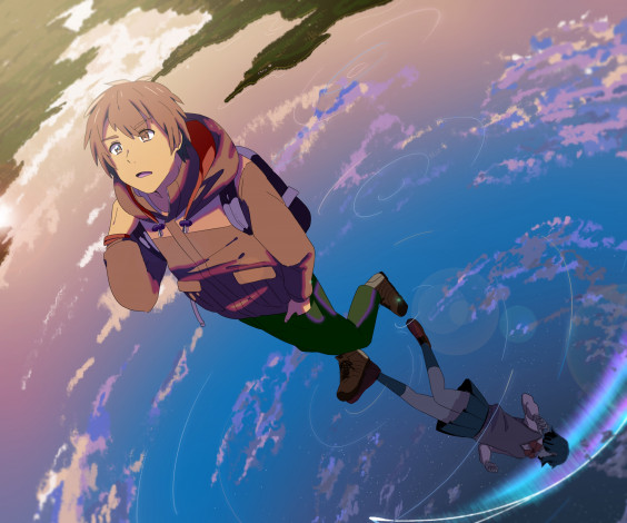 Обои картинки фото аниме, kimi no na wa, взгляд, девушка, парень, фон