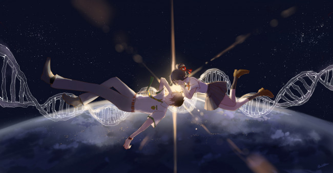 Обои картинки фото аниме, kimi no na wa, взгляд, парень, фон, девушка