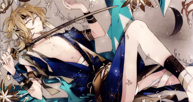 Обои картинки фото аниме, hakuouki, ликорис, suou, катана, shinsengumi, kitan, okita, souji, демоны, бледной, сакуры, art, кимоно, парень, лежит