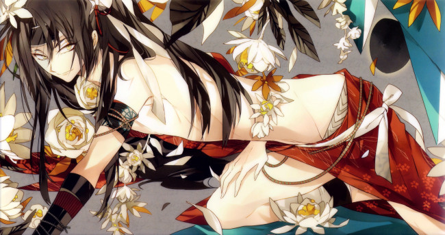 Обои картинки фото аниме, hakuouki, повязка, лотос, длинные, волосы, suou, shinsengumi, kitan, демоны, бледной, сакуры, art, парень, hijikata, toushirou, лежит