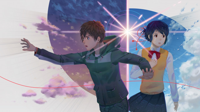 Обои картинки фото аниме, kimi no na wa, парень, фон, взгляд, девушка