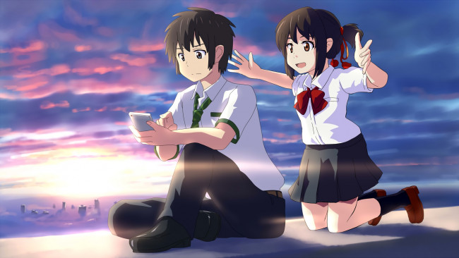 Обои картинки фото аниме, kimi no na wa, взгляд, девушка, парень, фон