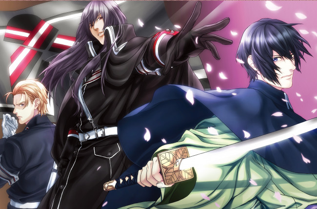 Обои картинки фото аниме, оружие,  техника,  технологии, перчатки, катана, taishou, mebiusline, парни, жест, kai, tatebayashi, visual, novel, kyouichiro, hiiragi, lori, senge, плащ, военная, форма