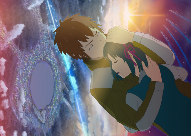 Обои картинки фото аниме, kimi no na wa, парень, фон, взгляд, девушка