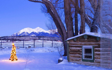 Картинка календари природа 2018 елка гирлянда постройка гора снег деревья