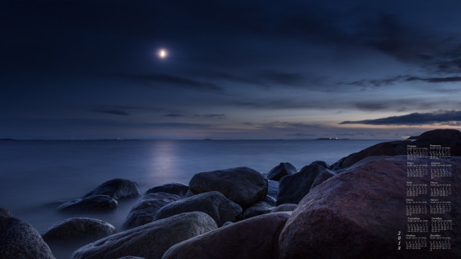Обои картинки фото календари, природа, 2018, водоем, камни, ночь