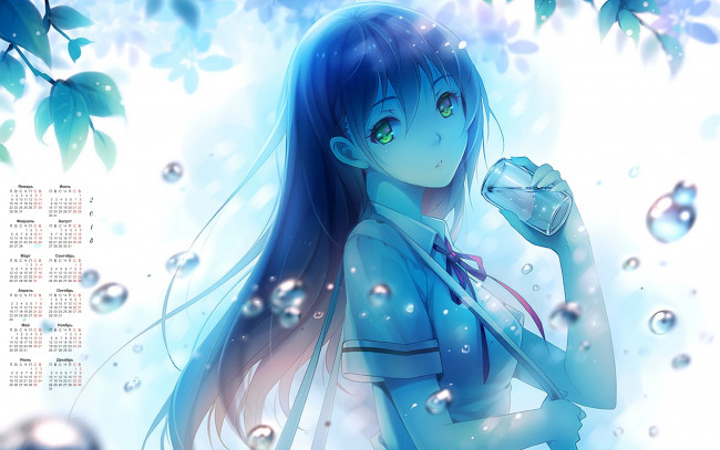 Обои картинки фото календари, аниме, 2018, взгляд, девушка, стакан, пузыри, листья