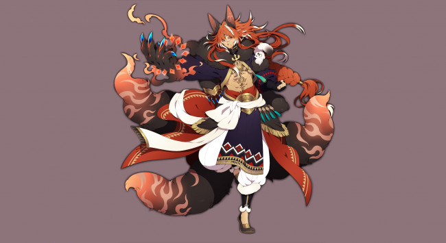 Обои картинки фото аниме, животные,  существа, взгляд, девушка, фон