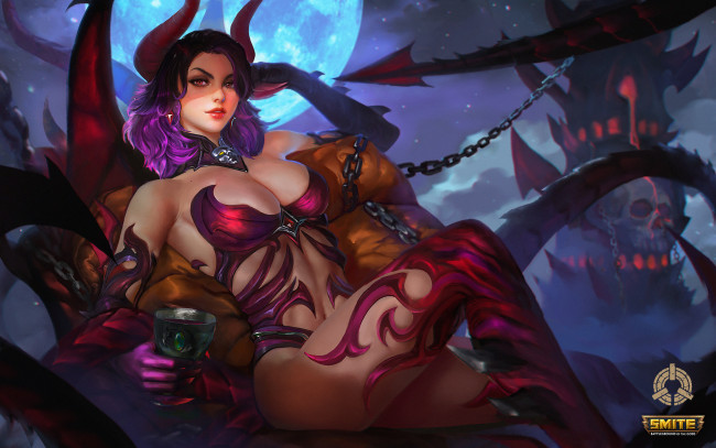 Обои картинки фото видео игры, smite, девушка, фон, взгляд, рога, кубок, униформа