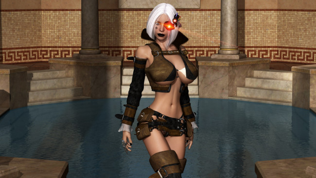 Обои картинки фото 3д графика, фантазия , fantasy, девушка, фон, взгляд, униформа, бассейн