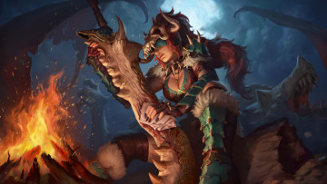 Картинка видео+игры smite девушка фон меч костер униформа