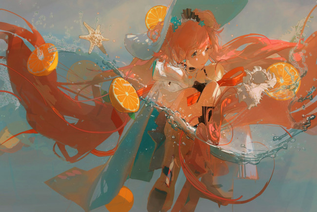 Обои картинки фото аниме, unknown,  другое , девочка, вода, цитрусы
