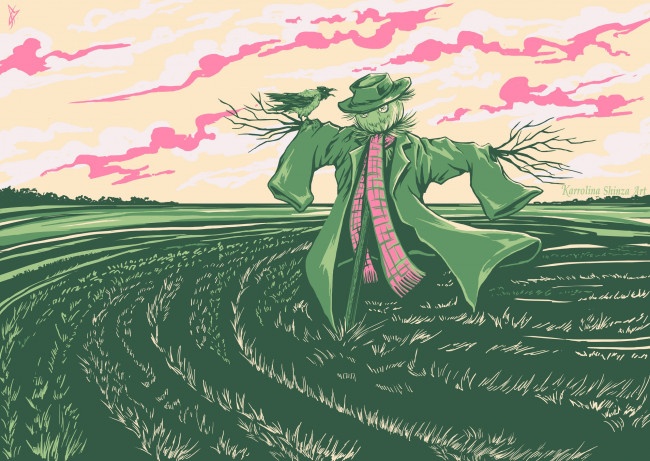 Обои картинки фото рисованное, - другое, поле, пугало, ворона