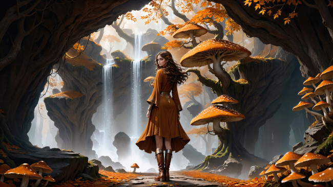 Обои картинки фото фэнтези, девушки, грибы, девушка, нейросеть