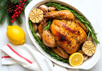 обоя 3д графика, еда-, food, блюдо, еда, лимон, курица, ветки, ягоды, шишка