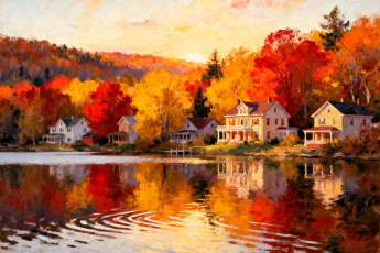 обоя рисованное, города, горы, лес, деревья, осень, дома, поселок, озеро