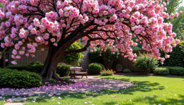 обоя автор wp stl, разное, компьютерный дизайн, парк, лужайка, скамейка, цветущее, дерево, лепестки