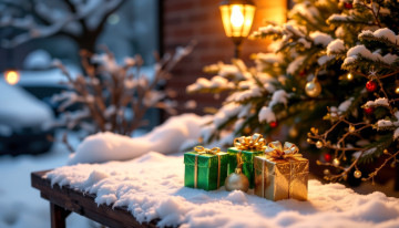 обоя праздничные, подарки и коробочки, дом, фонарь, ёлка, снег, зима, стол, подарки