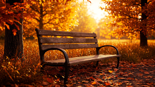 Обои картинки фото 3д графика, природа , nature, скамейка, парк, осень, деревья, листья