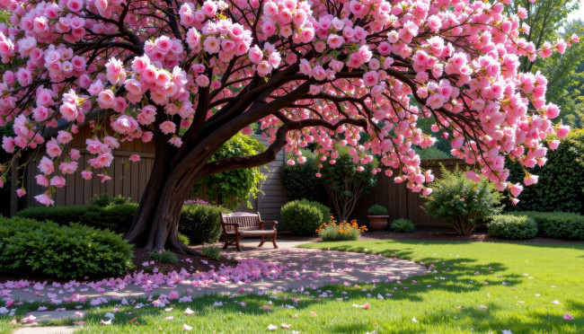 Обои картинки фото автор wp stl, разное, компьютерный дизайн, парк, лужайка, скамейка, цветущее, дерево, лепестки