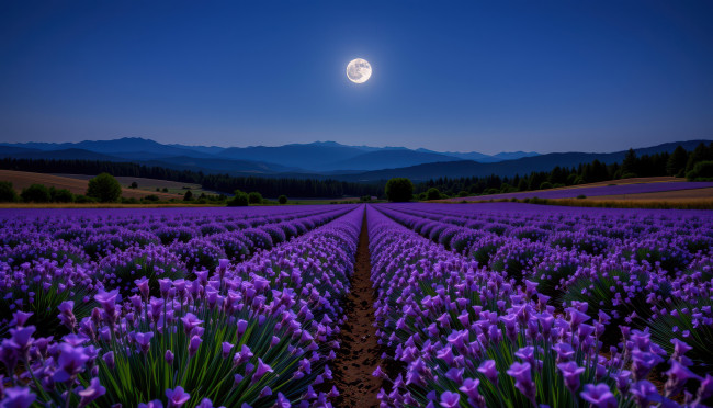Обои картинки фото автор wp stl, разное, компьютерный дизайн, горы, ночь, луна, поле, лаванда
