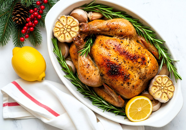 Обои картинки фото 3д графика, еда-, food, блюдо, еда, лимон, курица, ветки, ягоды, шишка