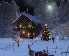 Картинка 3д графика holidays праздники олень ель дом