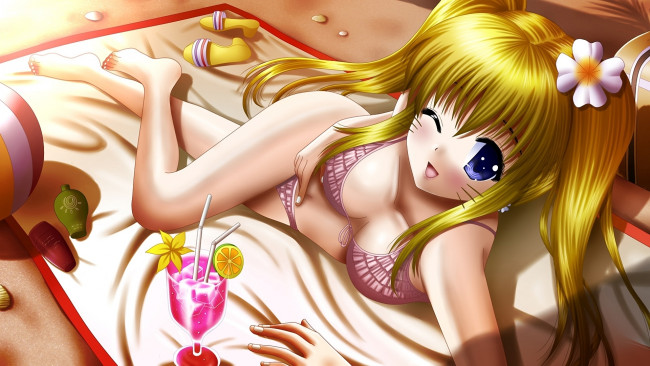 Обои картинки фото аниме, *unknown, другое, купальник, коктейль, девушка, пляж, ilolamai