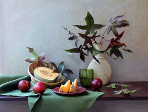 Картинка еда натюрморт листья сливы дыня