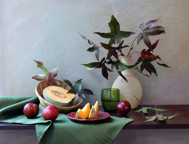 Обои картинки фото еда, натюрморт, листья, сливы, дыня