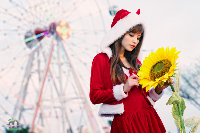 Обои картинки фото Agnes Lim, девушки, снегурочка, азиатка, подсолнух