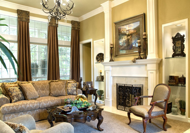 Обои картинки фото интерьер, гостиная, шторы, камин, кресло, диван, картина
