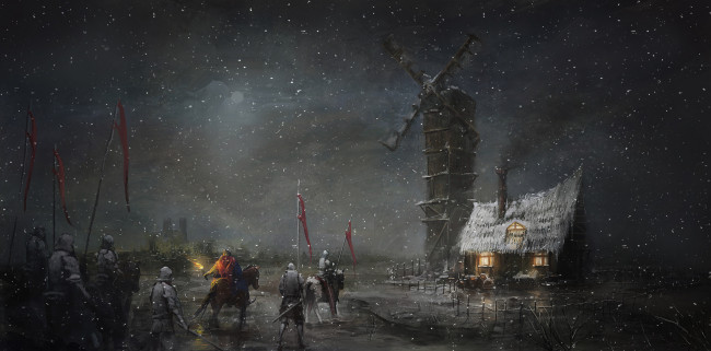 Обои картинки фото фэнтези, люди, рыцари, мельница, дом, снег