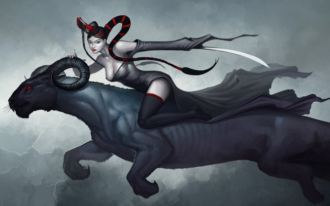 Обои картинки фото фэнтези, красавицы и чудовища, меч, шляпка, коса, девушка, монстр